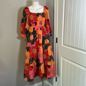 J.Marie Lizzie Square Neck Short Puff Sleeve Babydoll Midi Dress Red Orange Sz S